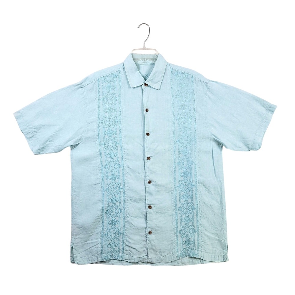 Tommy Bahama Button Down Shirt Mens Large Blue Linen Embroidered Short Sleeve